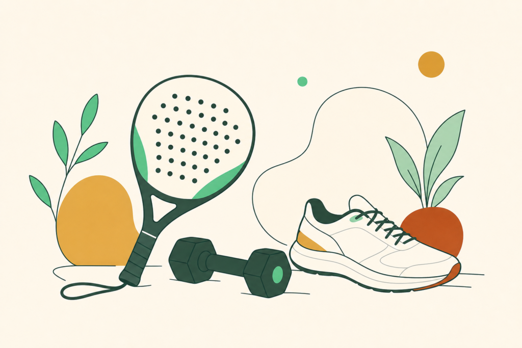 Ilustración de pala de pádel, mancuerna y zapatilla de correr