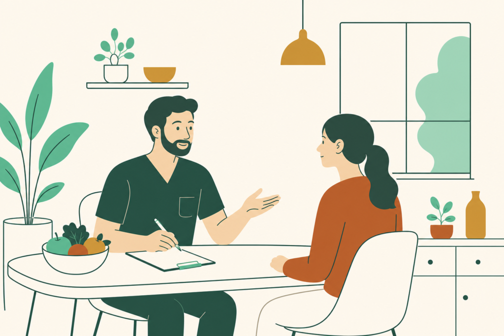 Ilustración de una consulta de nutrición presencial