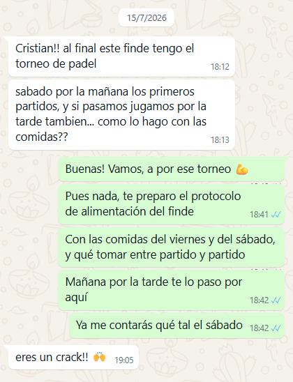 Conversación de seguimiento: preparación del protocolo de alimentación para un torneo del fin de semana