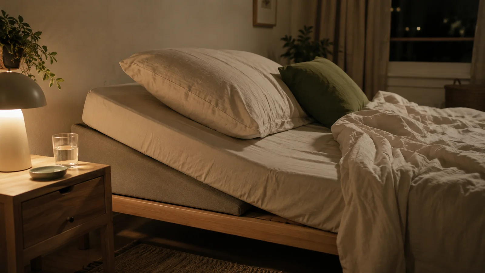 Cama con el cabecero ligeramente elevado mediante una cu&ntilde;a estable bajo el colch&oacute;n, mesilla con vaso de agua y l&aacute;mpara encendida