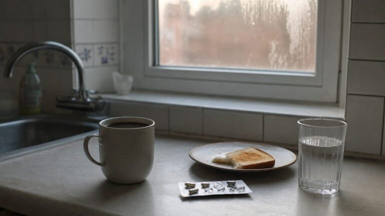 Encimera de cocina al amanecer con un cafe, una tostada sin terminar y un blister de capsulas
