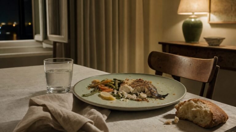 Mesa de cena a media luz con un plato de pescado a medio terminar y un vaso de agua