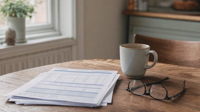 Hojas de una analitica impresa sobre una mesa de madera, junto a una taza de cafe y unas gafas