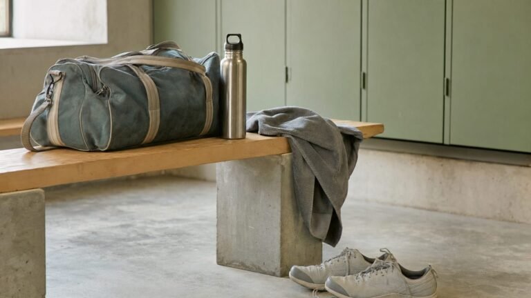 Banco de vestuario con bolsa de deporte, botella de agua y zapatillas