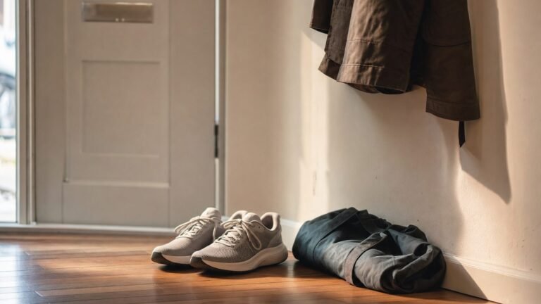 Zapatillas de correr sin estrenar junto a la puerta de casa, al lado de una bolsa de deporte doblada