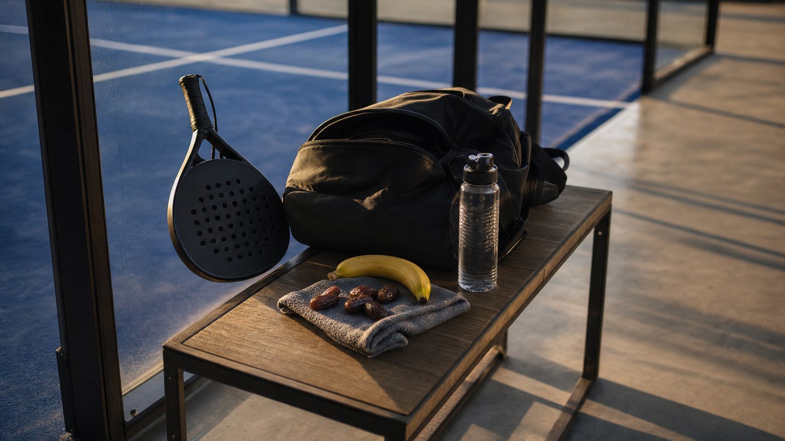 Pala de pádel, bolsa deportiva, botella de agua, plátano y dátiles sobre un banco junto a la pista