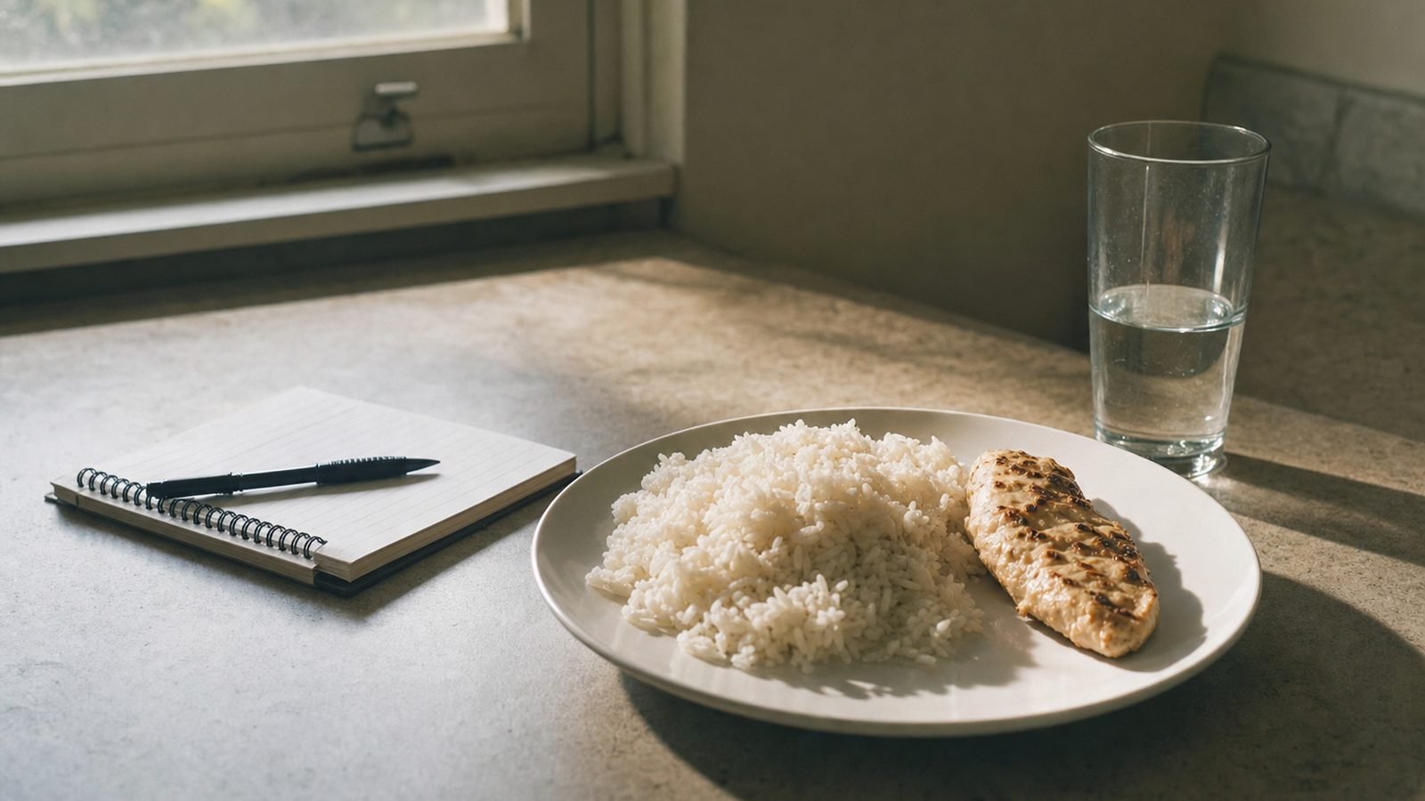 Plato de arroz blanco y pollo a la plancha sin salsa sobre una mesa de cocina con luz de manana