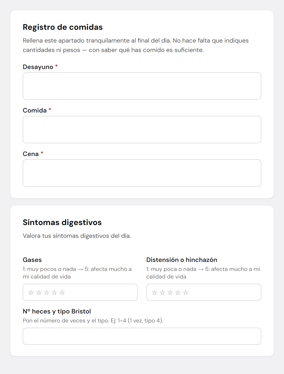 Formulario diario que rellenas mediante un registro breve: comidas, síntomas digestivos y hábitos