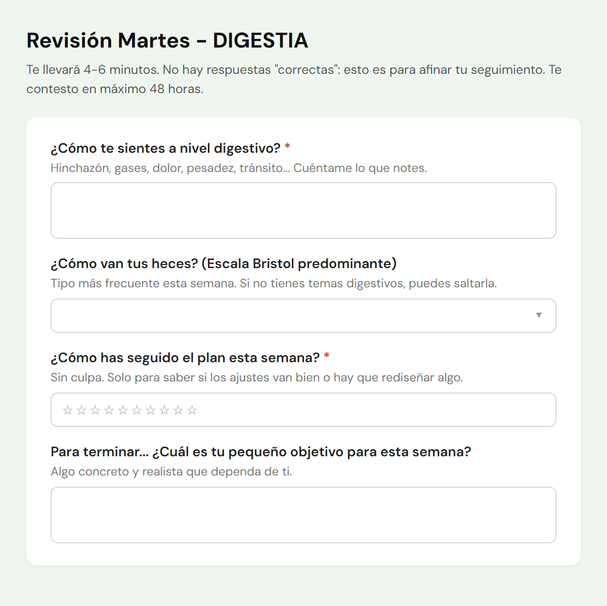 Formulario de la revisión semanal del martes: síntomas digestivos, escala Bristol, seguimiento del plan y objetivo