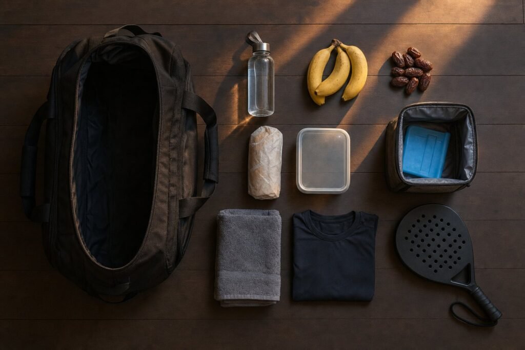 Bolsa de p&aacute;del abierta con botella de agua, pl&aacute;tanos, d&aacute;tiles, bocadillo, fiambrera, bolsa t&eacute;rmica con acumulador, toalla, camiseta y pala