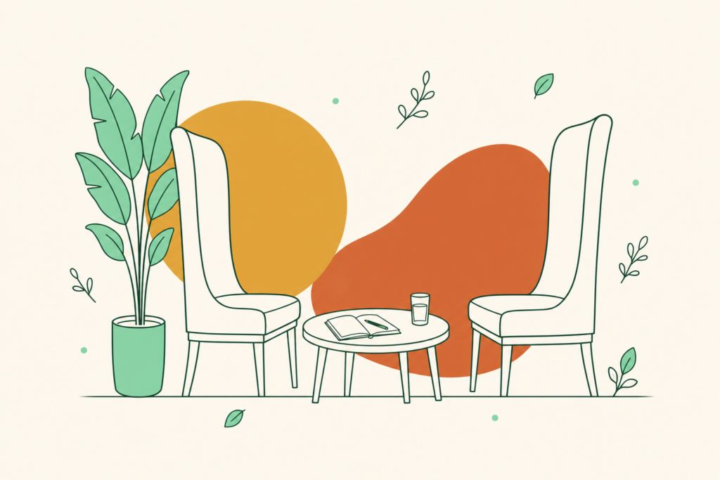Ilustración de dos sillas frente a frente con una mesa baja, un cuaderno abierto y un vaso de agua
