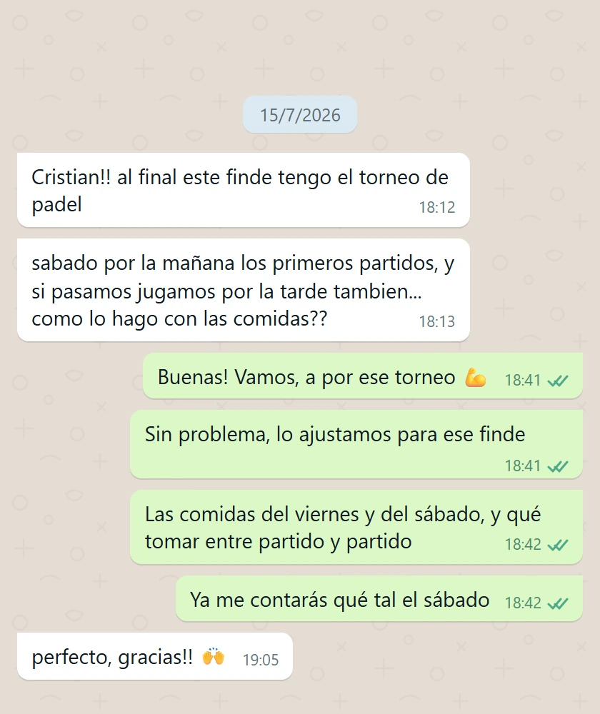 Conversación de seguimiento por WhatsApp: cómo encajar las comidas del viernes y el sábado en un torneo de pádel