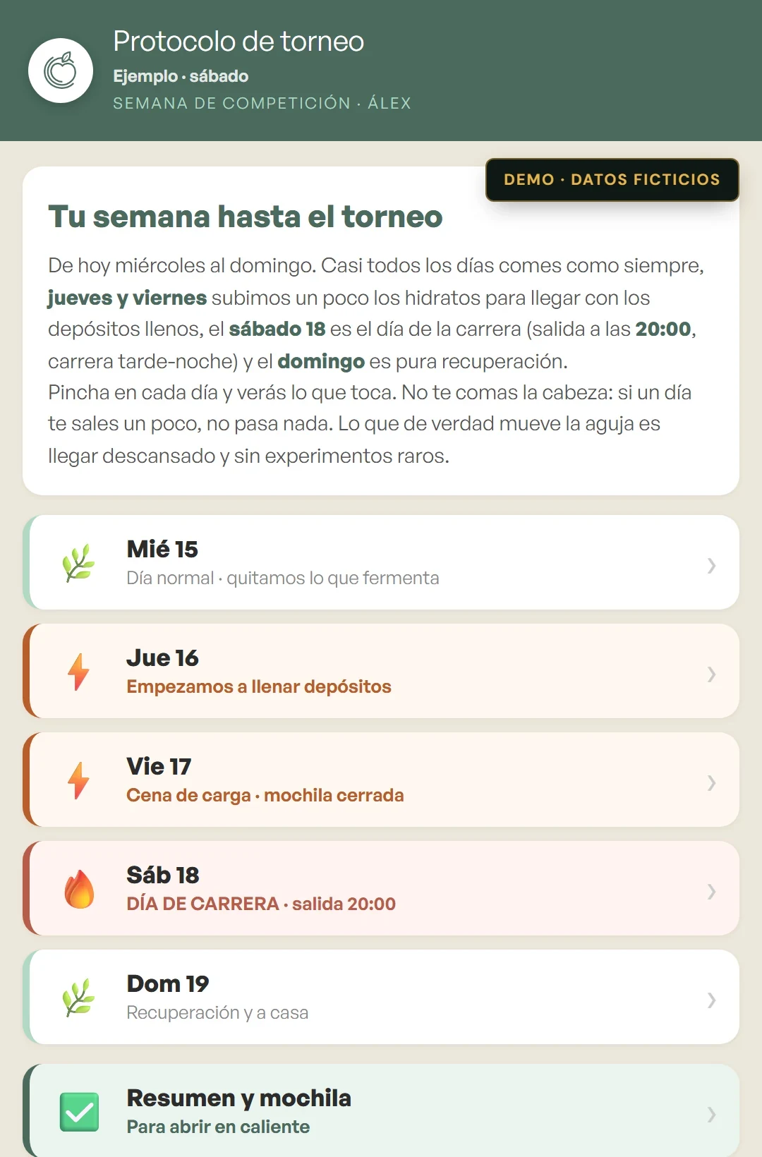 Guía de la semana de competición: qué comer cada día hasta la prueba y qué llevar el día del torneo