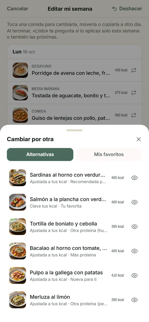 Editar mi semana en la app, con las alternativas para cambiar la cena por otra receta del plan