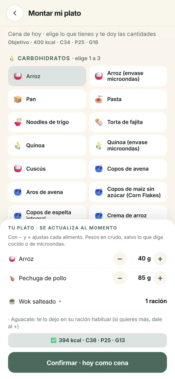 Montar mi plato en la app: se eligen los alimentos que hay en casa y la app ajusta las cantidades a la comida del plan
