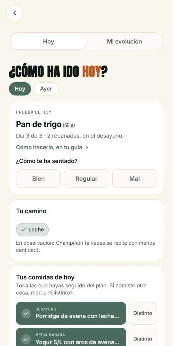 Diario de la app en la fase de reintroducción, con la prueba del día y Tu camino con un alimento ya reintroducido y otro en observación