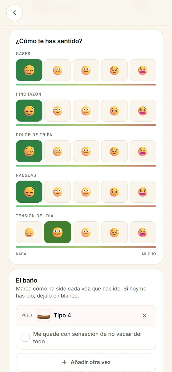 Diario digestivo de la app: gases, hinchazón, dolor, náuseas, tensión del día y el baño