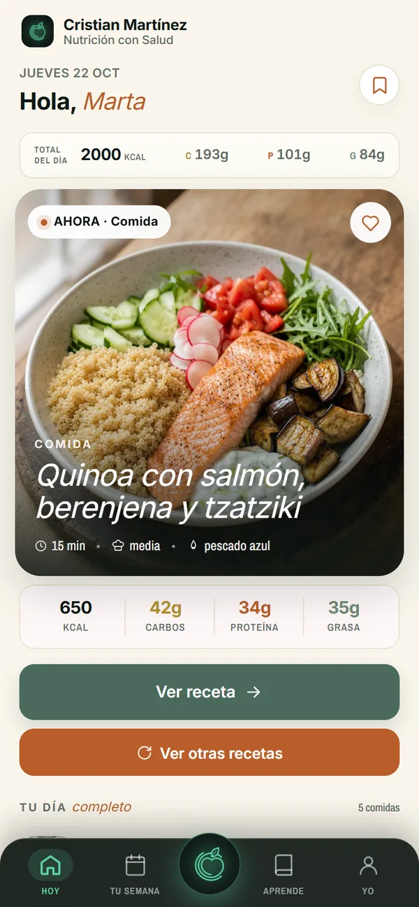 Pantalla Hoy de la app con la comida del día, sus cantidades y el botón para ver la receta