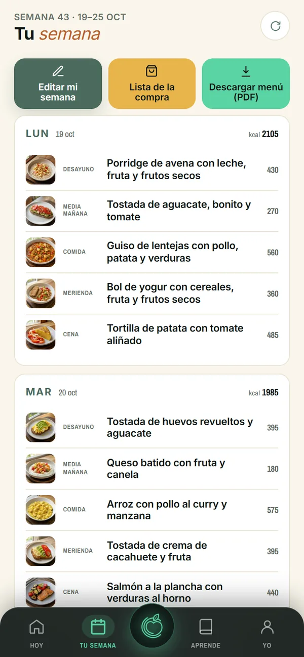 Pantalla Tu semana de la app con los menús del lunes y el martes, y los botones para editar la semana, la lista de la compra y el menú en PDF